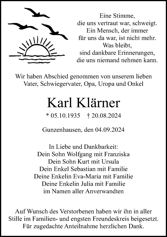  Traueranzeige für Karl Klärner vom 04.09.2024 aus Altmühl-Bote Lokal