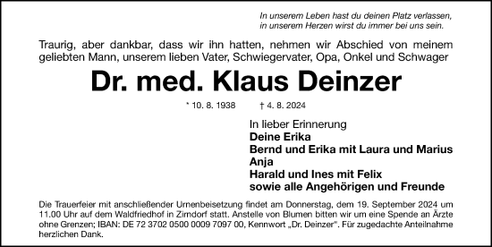 Traueranzeige von Klaus Deinzer von Fürther Nachrichten Lokal