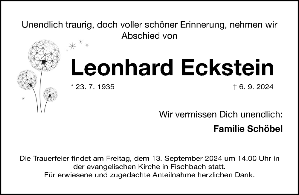  Traueranzeige für Leonhard Eckstein vom 11.09.2024 aus Gesamtausgabe Nürnberger Nachrichten/ Nürnberger Ztg.