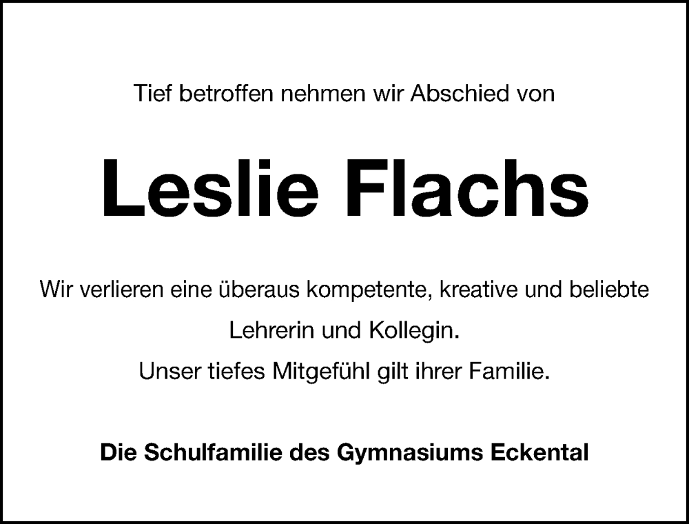  Traueranzeige für Leslie Flachs vom 21.09.2024 aus Gesamtausgabe Nürnberger Nachrichten/ Nürnberger Ztg.