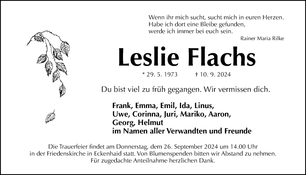  Traueranzeige für Leslie Flachs vom 21.09.2024 aus Gesamtausgabe Nürnberger Nachrichten/ Nürnberger Ztg.