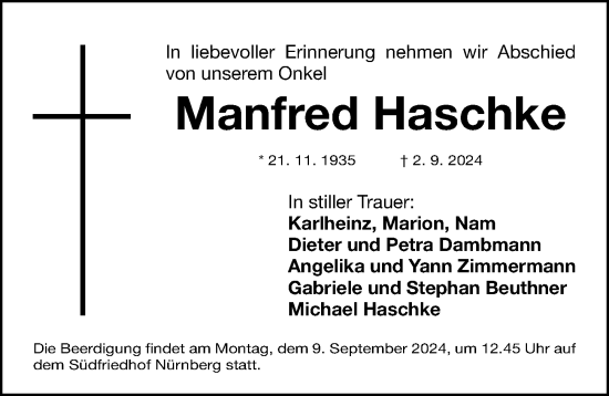 Traueranzeige von Manfred Haschke von Gesamtausgabe Nürnberger Nachrichten/ Nürnberger Ztg.