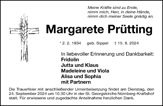 Traueranzeige von Margarete Prütting von Gesamtausgabe Nürnberger Nachrichten/ Nürnberger Ztg.