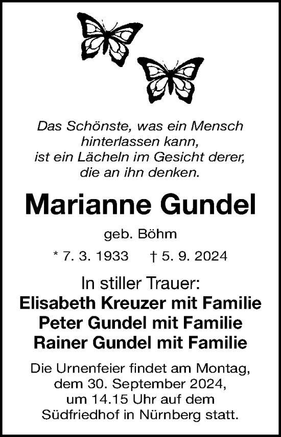 Traueranzeige von Marianne Gundel von Gesamtausgabe Nürnberger Nachrichten/ Nürnberger Ztg.