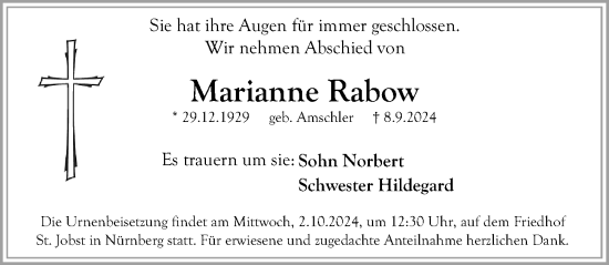 Traueranzeige von Marianne Rabow von Gesamtausgabe Nürnberger Nachrichten/ Nürnberger Ztg.