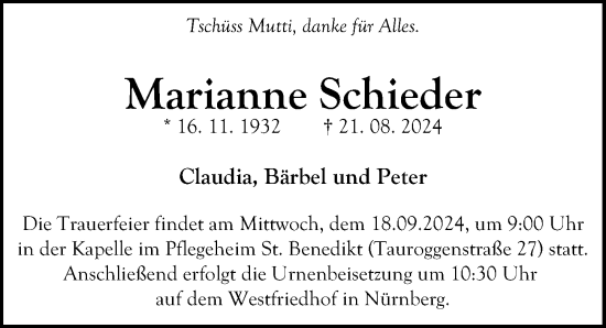 Traueranzeige von Marianne Schieder von Gesamtausgabe Nürnberger Nachrichten/ Nürnberger Ztg.