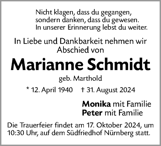 Traueranzeige von Marianne Schmidt von Gesamtausgabe Nürnberger Nachrichten/ Nürnberger Ztg.