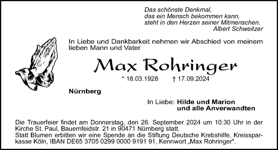 Traueranzeige von Max Rohringer von Gesamtausgabe Nürnberger Nachrichten/ Nürnberger Ztg.