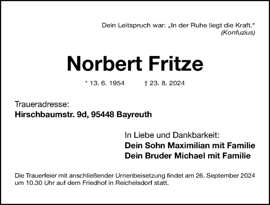 Traueranzeige von Norbert Fritze von Gesamtausgabe Nürnberger Nachrichten/ Nürnberger Ztg.