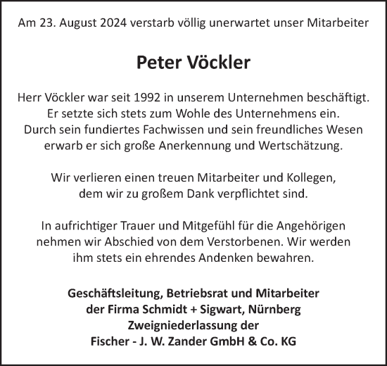 Traueranzeige von Peter Vöckler von Gesamtausgabe Nürnberger Nachrichten/ Nürnberger Ztg.