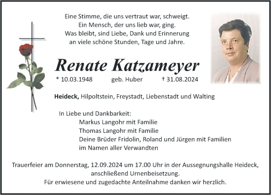 Traueranzeige von Renate Katzameyer von Roth-Hilpoltsteiner Volkszeitung Lokal