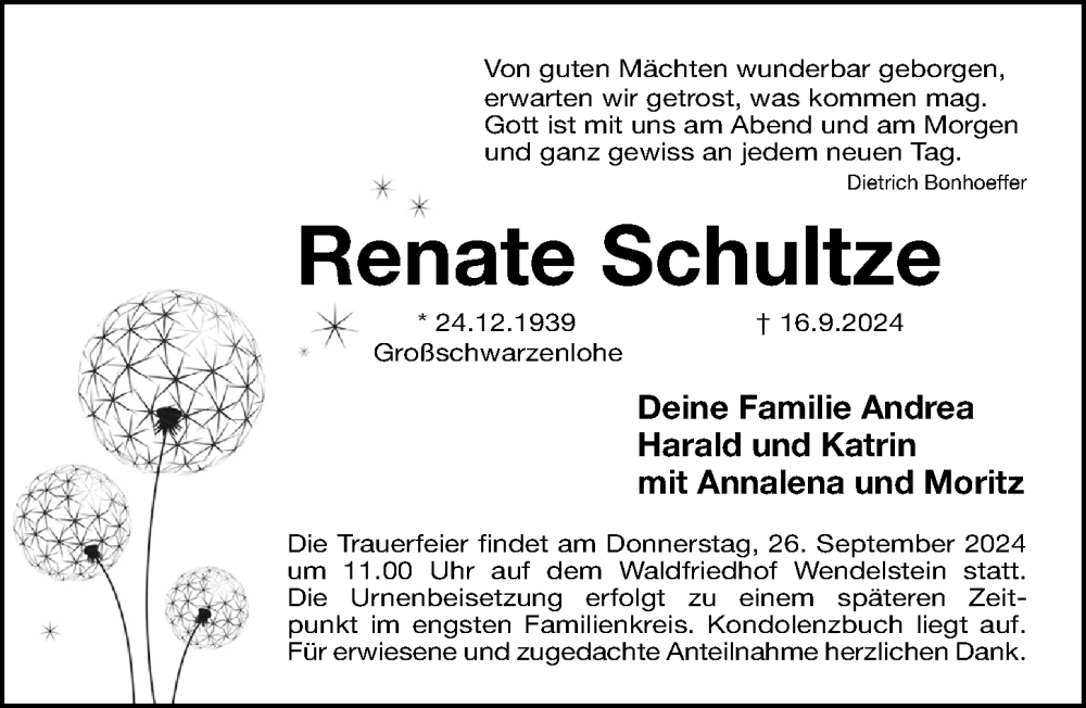  Traueranzeige für Renate Schultze vom 21.09.2024 aus Gesamtausgabe Nürnberger Nachrichten/ Nürnberger Ztg.
