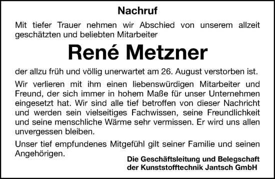 Traueranzeige von René Metzner von Gesamtausgabe Nürnberger Nachrichten/ Nürnberger Ztg.