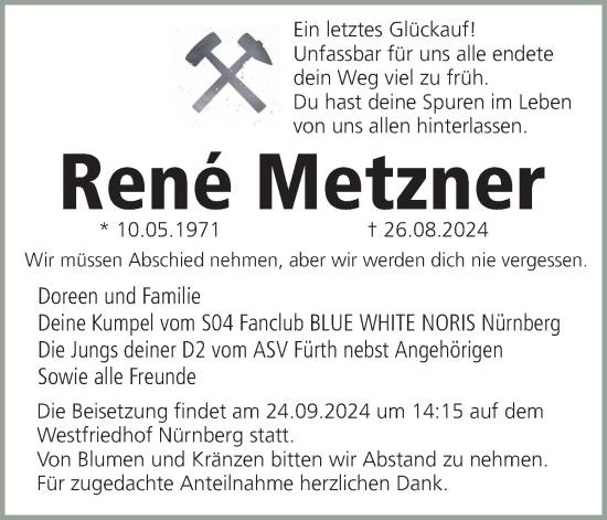 Traueranzeige von René Metzner von Gesamtausgabe Nürnberger Nachrichten/ Nürnberger Ztg.