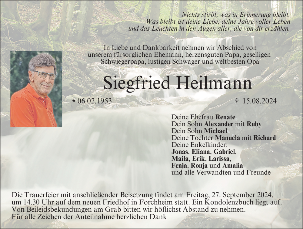  Traueranzeige für Siegfried Heilmann vom 21.09.2024 aus Nordbayerische Nachrichten Forchheim Lokal