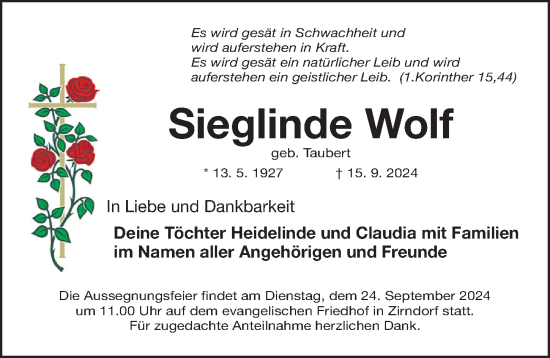 Traueranzeige von Sieglinde Wolf von Fürther Nachrichten Lokal