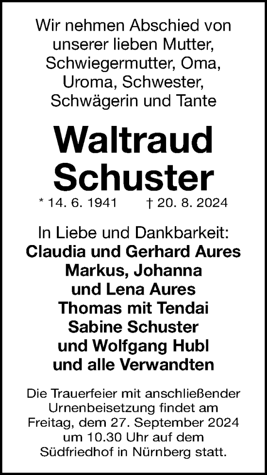 Traueranzeige von Waltraud Schuster von Gesamtausgabe Nürnberger Nachrichten/ Nürnberger Ztg.