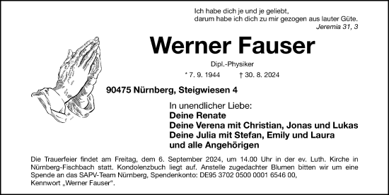 Traueranzeige von Werner Fauser von Gesamtausgabe Nürnberger Nachrichten/ Nürnberger Ztg.