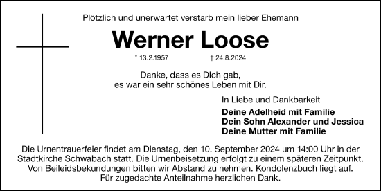 Traueranzeige von Werner Loose von Schwabacher Tagblatt Lokal