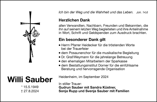 Traueranzeige von Willi Sauber von Altmühl-Bote Lokal