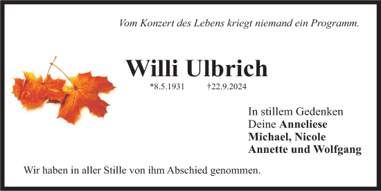 Traueranzeige von Willi Ulbrich von Erlanger Nachrichten Lokal