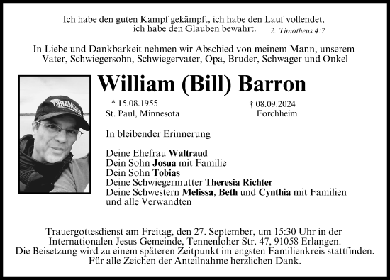 Traueranzeige von William Barron von Nordbayerische Nachrichten Forchheim Lokal