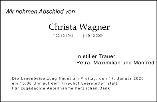 Traueranzeige von Christa Wagner von Gesamtausgabe Nürnberger Nachrichten/ Nürnberger Ztg.