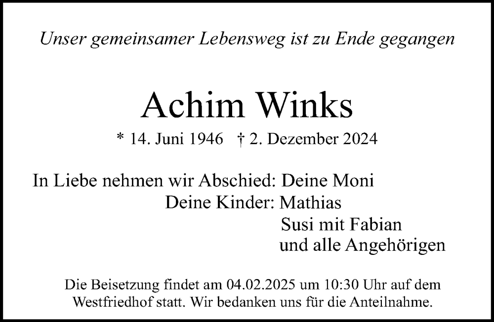  Traueranzeige für Achim Winks vom 01.02.2025 aus Gesamtausgabe Nürnberger Nachrichten/ Nürnberger Ztg.