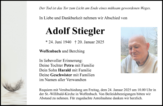 Traueranzeige von Adolf Stiegler von Neumarkter Nachrichten Lokal