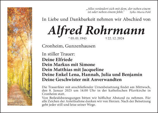 Traueranzeige von Alfred Rohrmann von Altmühl-Bote Lokal