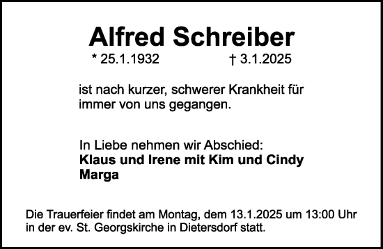 Traueranzeige von Alfred Schreiber von Gesamtausgabe Nürnberger Nachrichten/ Nürnberger Ztg.