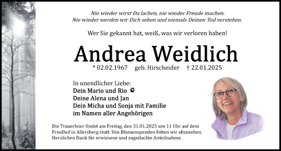 Traueranzeige von Andrea Weidlich von Roth-Hilpoltsteiner Volkszeitung Lokal