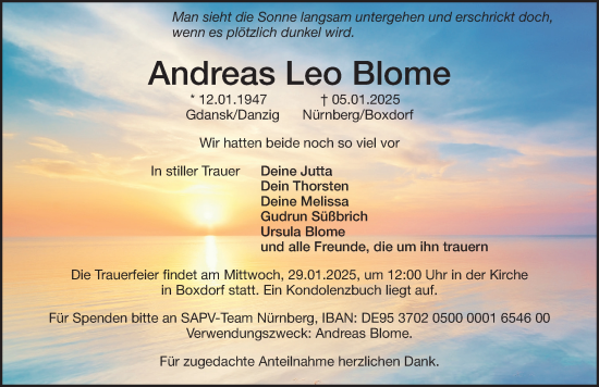 Traueranzeige von Andreas Leo Blome von Gesamtausgabe Nürnberger Nachrichten/ Nürnberger Ztg.