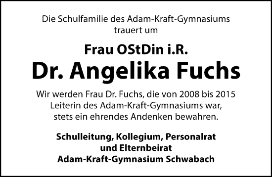Traueranzeige von Angelika Fuchs von Schwabacher Tagblatt Lokal
