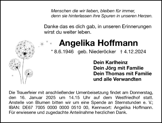 Traueranzeige von Angelika Hoffmann von Gesamtausgabe Nürnberger Nachrichten/ Nürnberger Ztg.