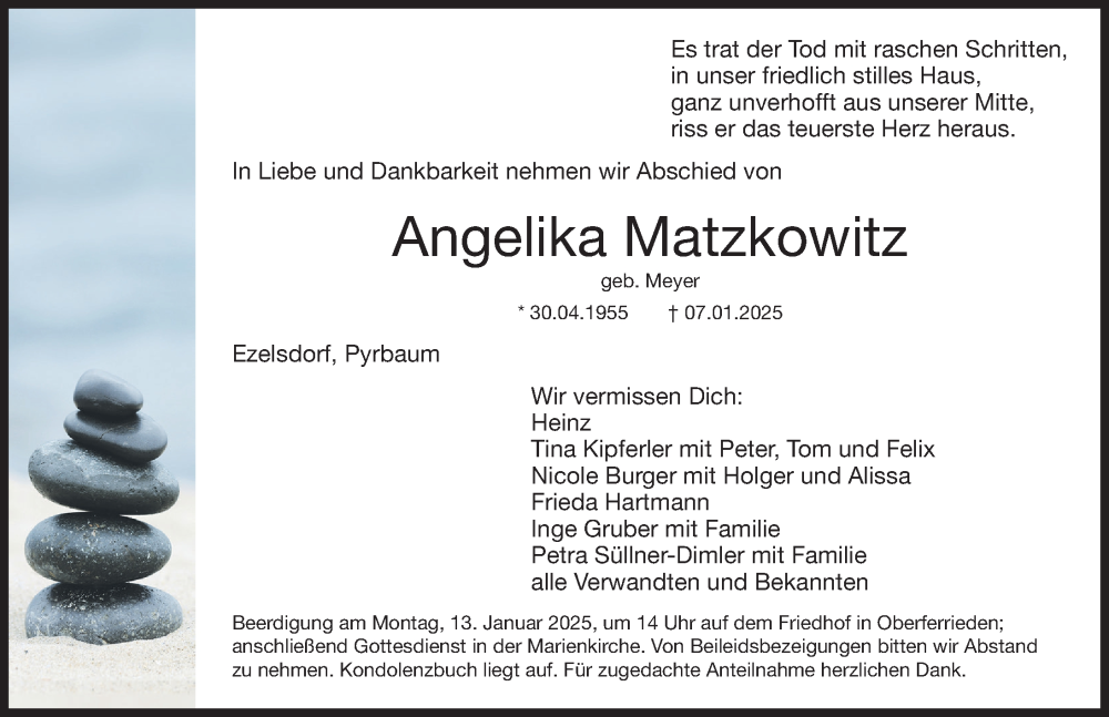  Traueranzeige für Angelika Matzkowitz vom 11.01.2025 aus Neumarkter Nachrichten Lokal