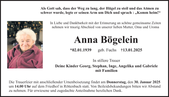 Traueranzeige von Anna Bögelein von Erlanger Nachrichten Lokal