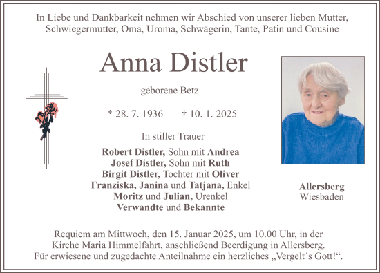 Traueranzeige von Anna Distler von Roth-Hilpoltsteiner Volkszeitung Lokal