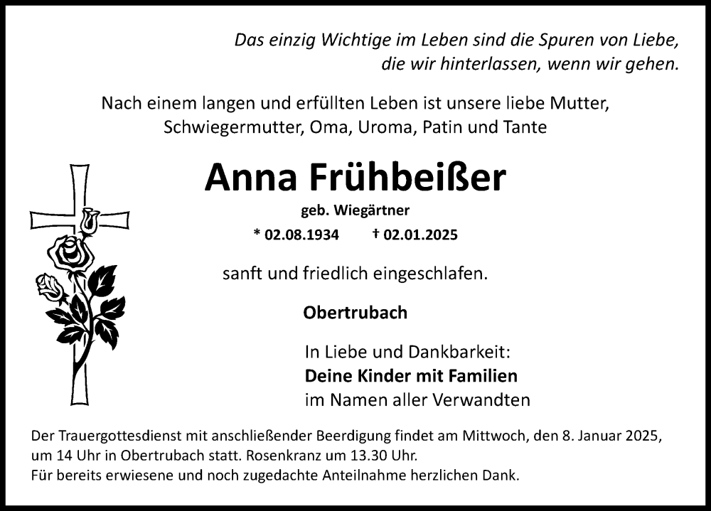  Traueranzeige für Anna Frühbeißer vom 04.01.2025 aus Nordbayerische Nachrichten Forchheim Lokal