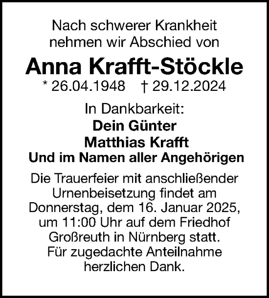 Traueranzeige von Anna Krafft-Stöckle von Gesamtausgabe Nürnberger Nachrichten/ Nürnberger Ztg.