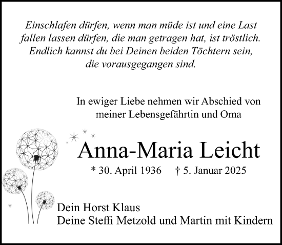 Traueranzeige von Anna-Maria Leicht von Gesamtausgabe Nürnberger Nachrichten/ Nürnberger Ztg.