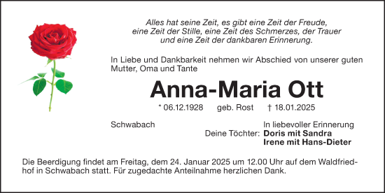 Traueranzeige von Anna-Maria Ott von Schwabacher Tagblatt Lokal