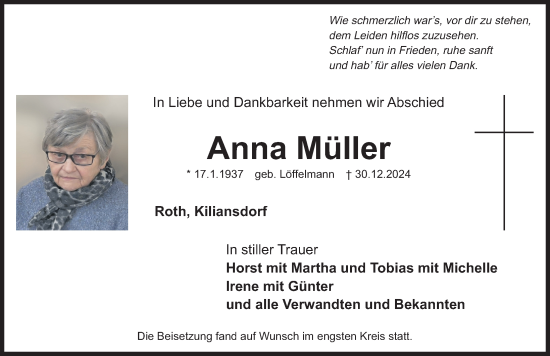 Traueranzeige von Anna Müller von Roth-Hilpoltsteiner Volkszeitung Lokal
