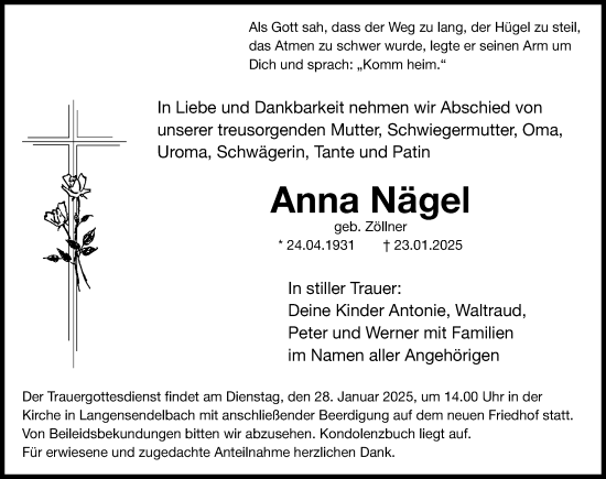 Traueranzeige von Anna Nägel von Erlanger Nachrichten/ Nordbayer. Nachrichten Forchheim