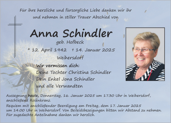 Traueranzeige von Anna Schindler von Neumarkter Nachrichten Lokal