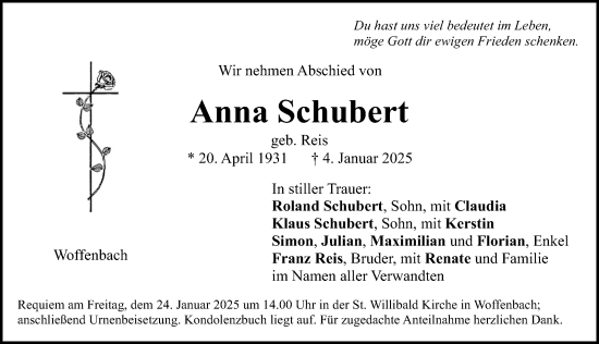 Traueranzeige von Anna Schubert von Neumarkter Nachrichten Lokal