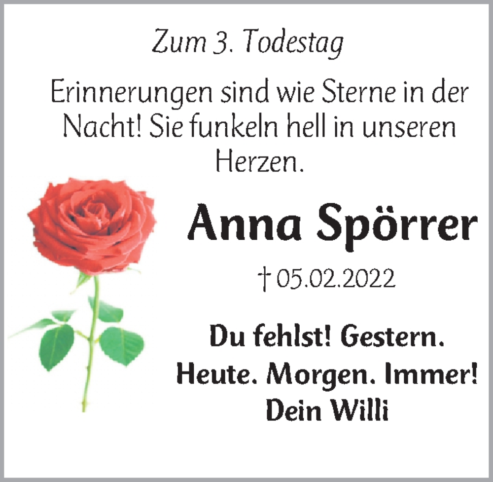  Traueranzeige für Anna Spörrer vom 01.02.2025 aus Gesamtausgabe Nürnberger Nachrichten/ Nürnberger Ztg.