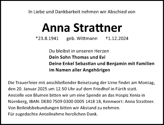 Traueranzeige von Anna Strattner von Fürther Nachrichten Lokal