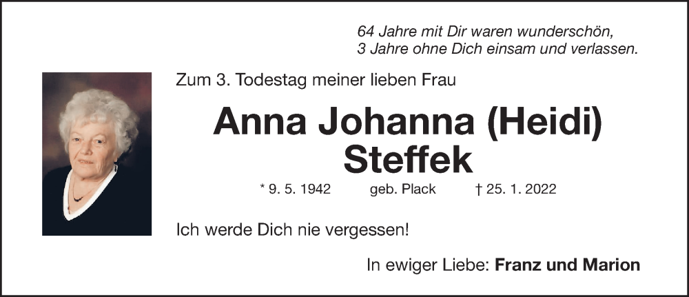  Traueranzeige für Anna Johanna Steffek vom 25.01.2025 aus Fürther Nachrichten Lokal