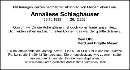 Traueranzeige von Annaliese Schlaghauser von Gesamtausgabe Nürnberger Nachrichten/ Nürnberger Ztg.